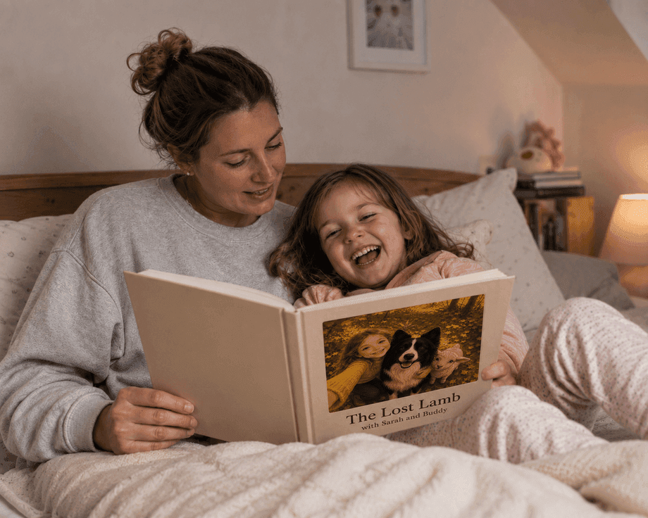 A parent and child laughing together while reading their personalised pet storybook