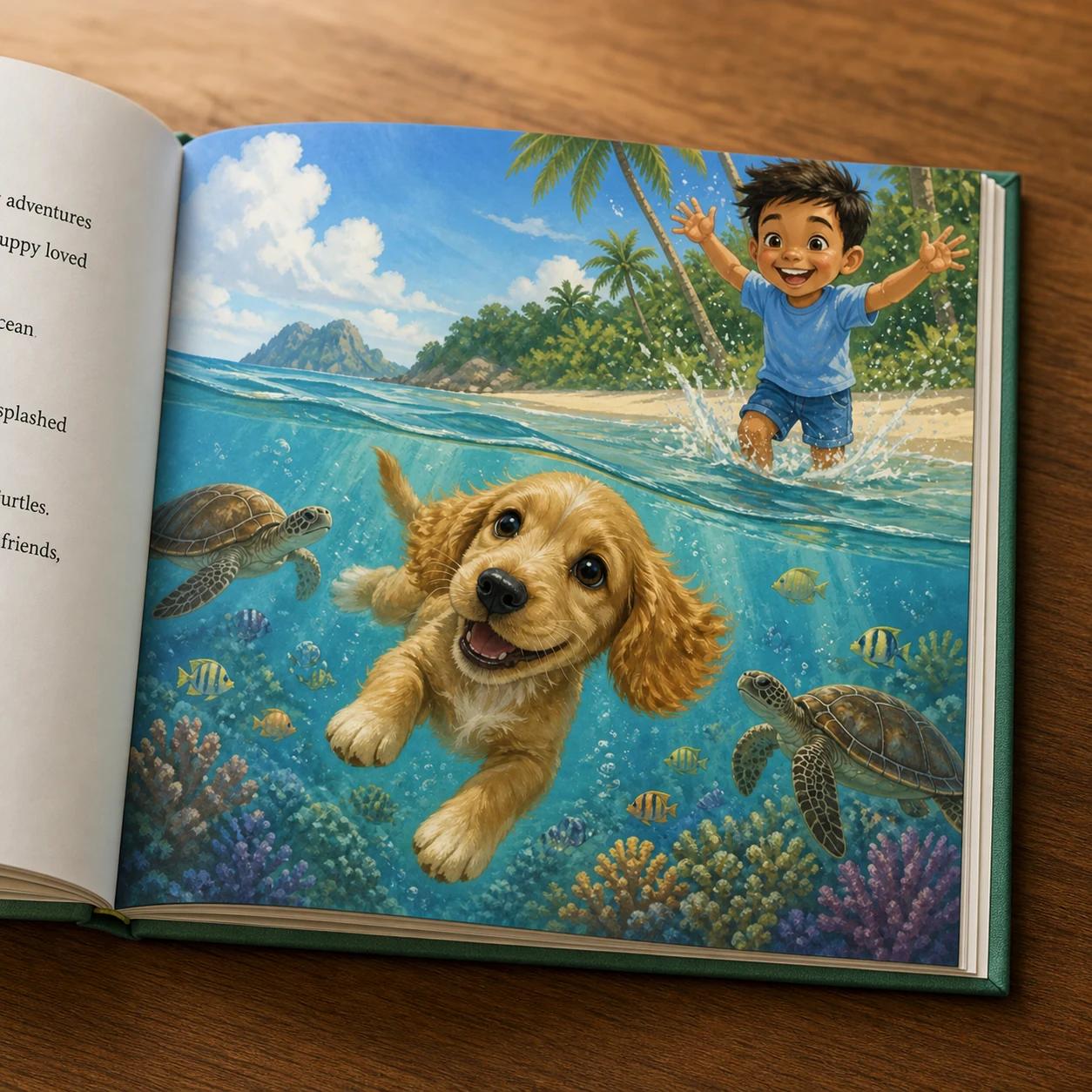 An open printed storybook showing a boy and his puppy in an illustrated ocean adventure