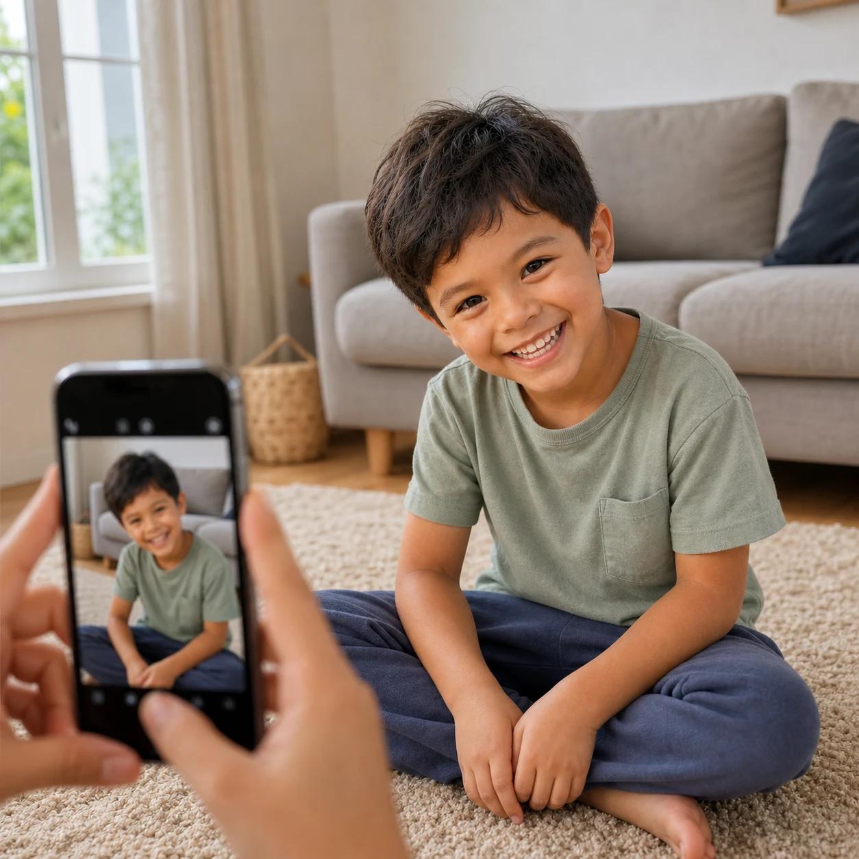 A boy being photographed in a family home