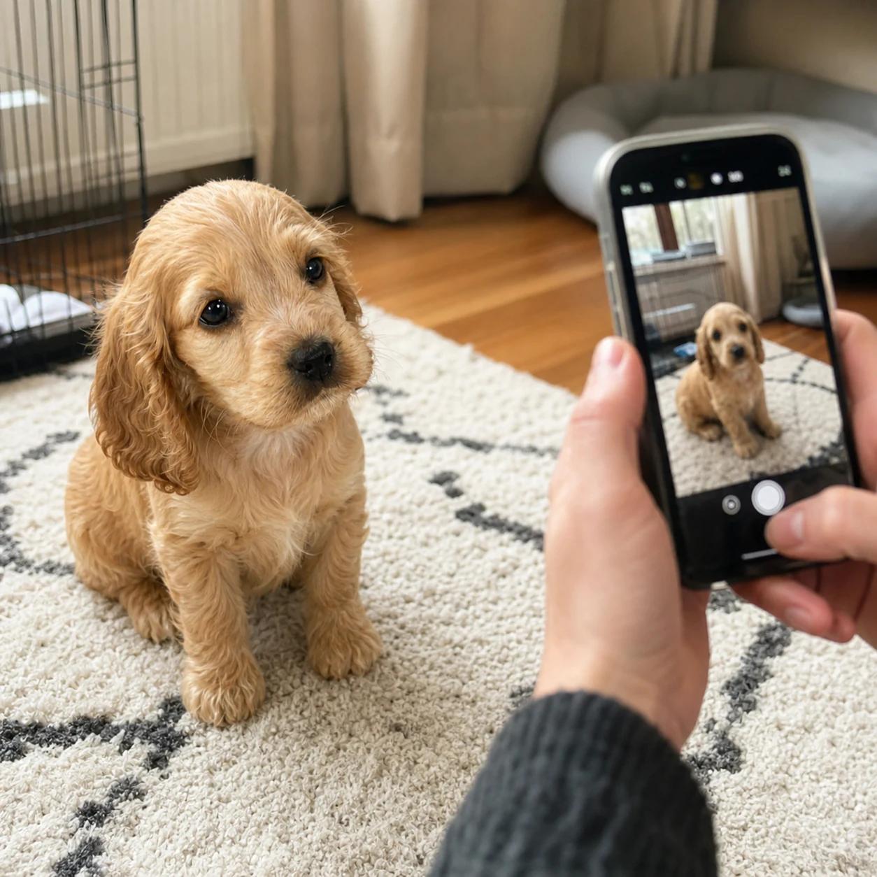 A puppy being photographed at home
