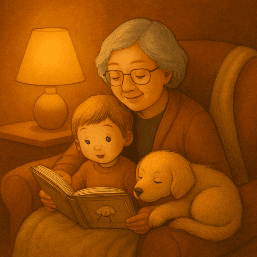 Grandmother reading a pet storybook to her grandchild with their golden retriever